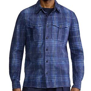 Ralph Lauren Purple Label Plaid-Print Suede Shirt Navy Blue Multi Size M